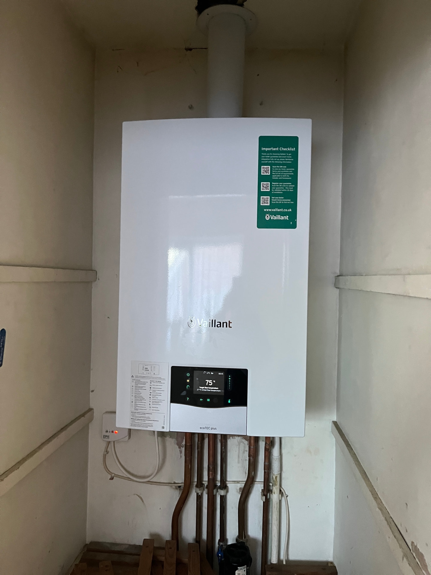 Vaillant ecoTEC plus boiler installed in an airing cupboard